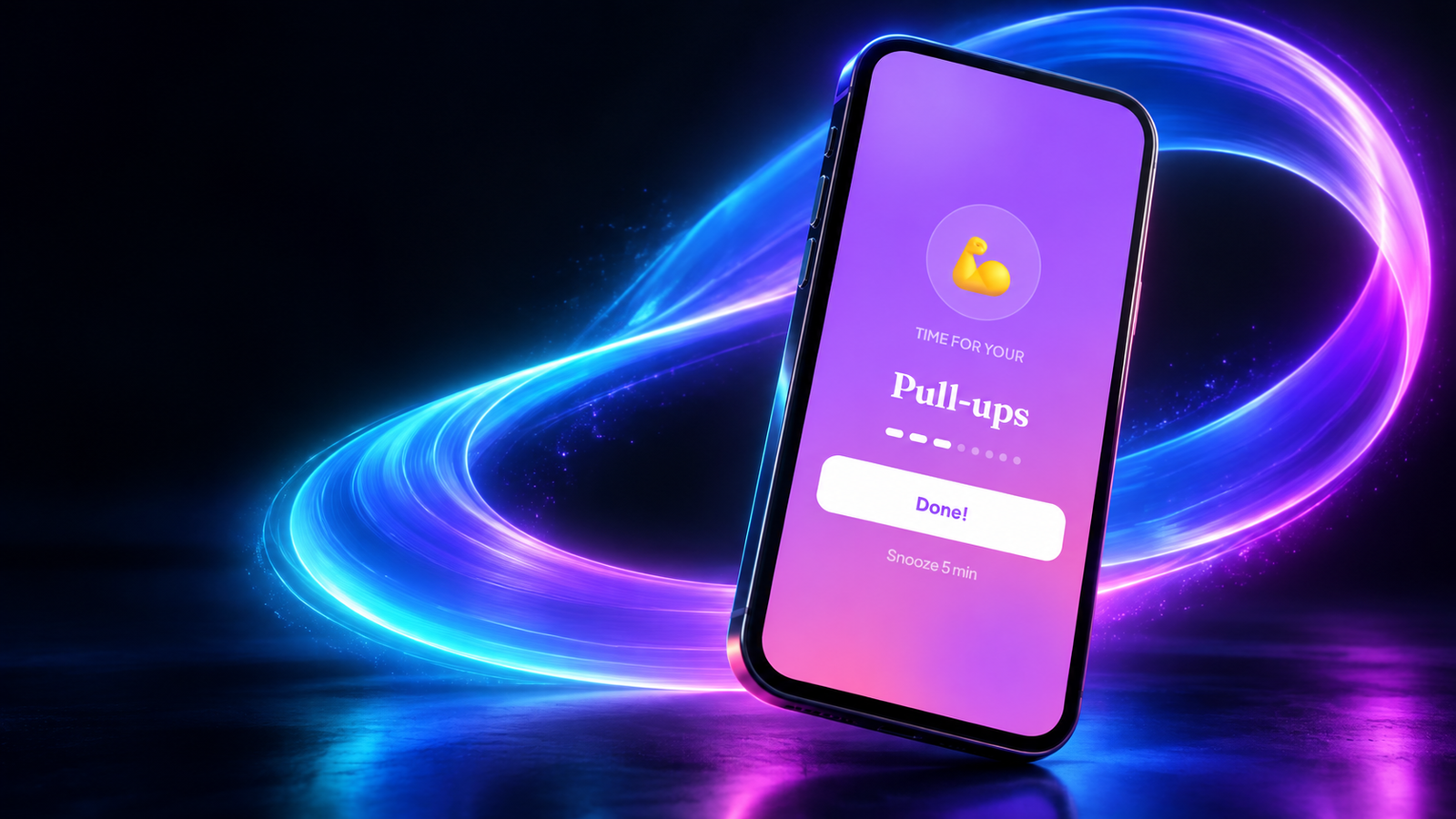 Nudge Me pull-ups reminder displayed on a phone surrounded by luminous blue and violet loops